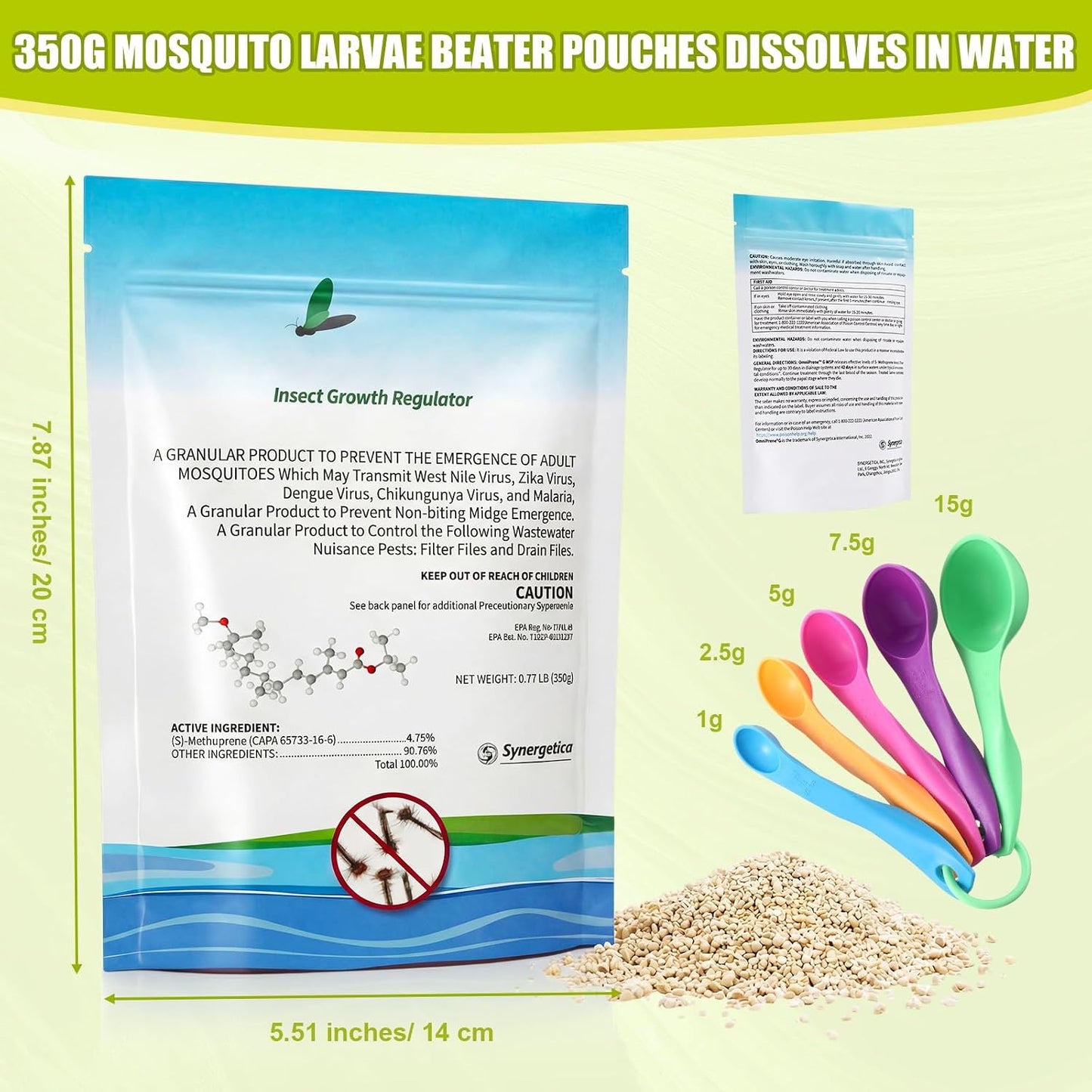 Biological Mosquito Control Pouches Dissolves in Water with Measuring Spoon Treats Up to 18744 Gallon 4.25% S-Methoprene IGR Larvae Won't Harm Fish Birds EPA Certified Rain Bath Pool 142g