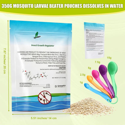 Biological Mosquito Control Pouches Dissolves in Water with Measuring Spoon Treats Up to 18744 Gallon 4.25% S-Methoprene IGR Larvae Won't Harm Fish Birds EPA Certified Rain Bath Pool 142g