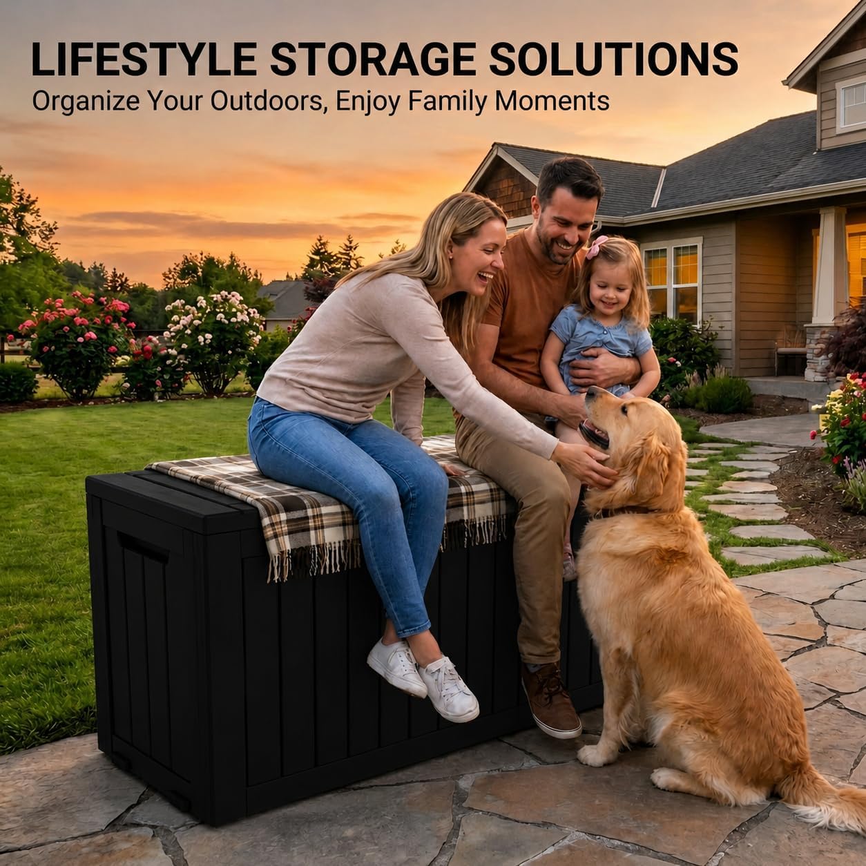 LAUSAINT HOME 320 Gallon Resin Deck Box, Package Delivery Box with Lockable Lid, Waterproof Outdoor Storage Box For Garden Tools, Patio Cushions(320 Gallon,Black)