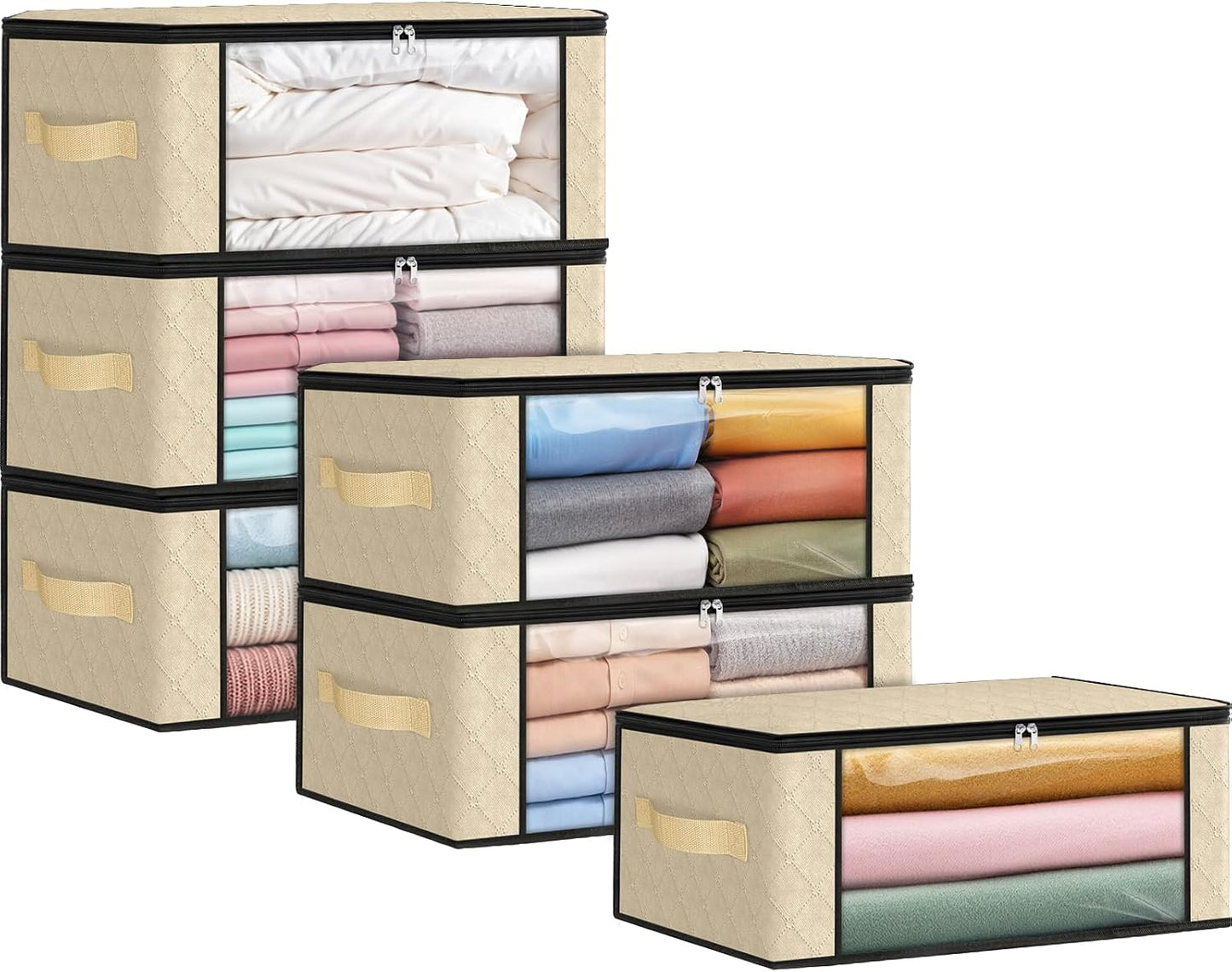 Fab totes 6 Pack Storage Bags for Clothes and Blanket, Foldable Closet Organizers and Storage with Zippers, Clear Window and Handles, Fabric Storage Bins for Sweater, Comforter, Bedding,Linen Sheets