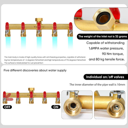 Garden Hose Splitter, 3/4” Rust and Freeze Resistant Outdoor Hose Manifold with 2 Green Extra Long Handles Faucet Adapter-Heavy Duty Brass 2-Way Valve