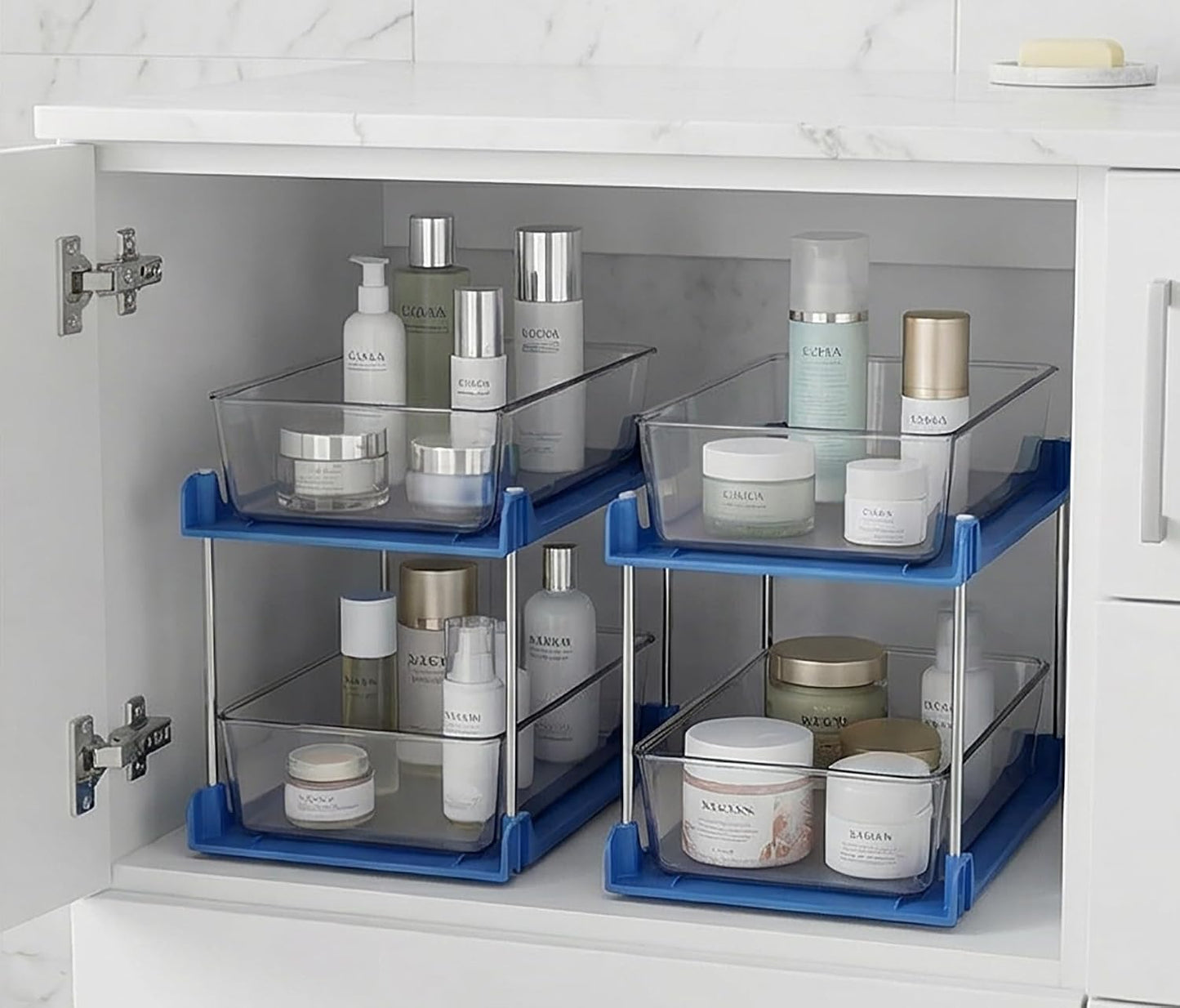 2 Pack Bathroom Organizer,2 Tier Blue Under Sink Organizers Vanity Countertop Storage Container,Cabinet Drawers Bins, Pull-Out Organization with Track for Pantry, Kitchen