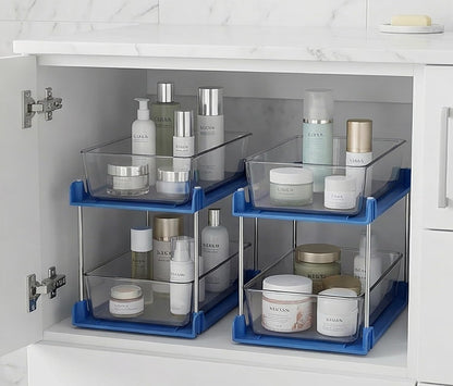 2 Pack Bathroom Organizer,2 Tier Blue Under Sink Organizers Vanity Countertop Storage Container,Cabinet Drawers Bins, Pull-Out Organization with Track for Pantry, Kitchen