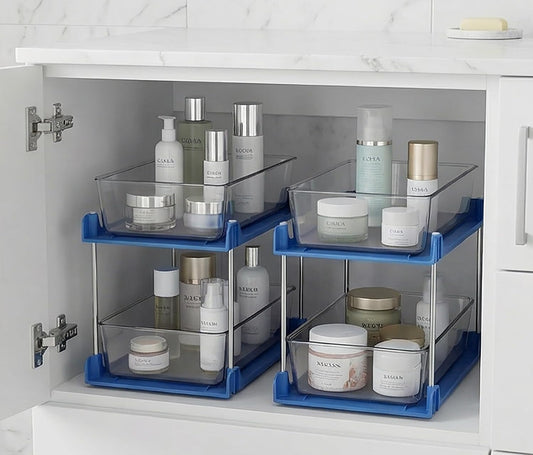 2 Pack Bathroom Organizer,2 Tier Blue Under Sink Organizers Vanity Countertop Storage Container,Cabinet Drawers Bins, Pull-Out Organization with Track for Pantry, Kitchen