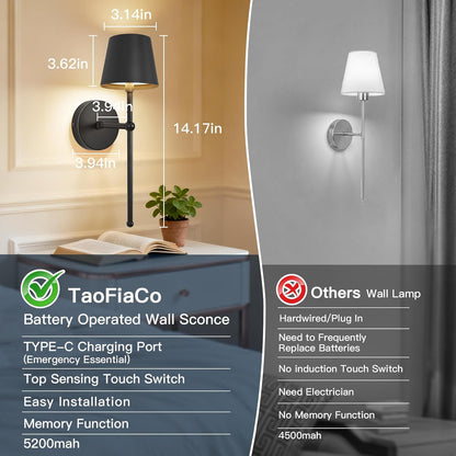 TaoFiaCo Battery Operated Wall Sconces Set of 2, Wireless Wall Sconce with Remote Dimmable Timer, Rechargeable 5200mAh, Cordless Wall Light for Bedroom Living Room, Hallway, Light Decor