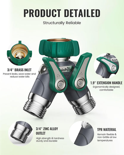 RAINPOINT Garden Hose Splitter 2 Way Heavy Duty, 3/4'' Connector Water Hose Bib Y Spigot Splitter with Shut-Off Valve, 100% Metal Body Full Flow Outdoor Water Faucet Adapter Fittings (1 Pack)