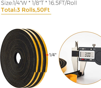 33 Feet Weather Stripping Door Seal- 1/2" Wide X 1/4" Thick Door Bottom Seal Strip High Density Foam Tape Adhesive Rubber Strip for Door Soundproofing,Window Insulation (1/2" x 1/4" x 33FT,Black)