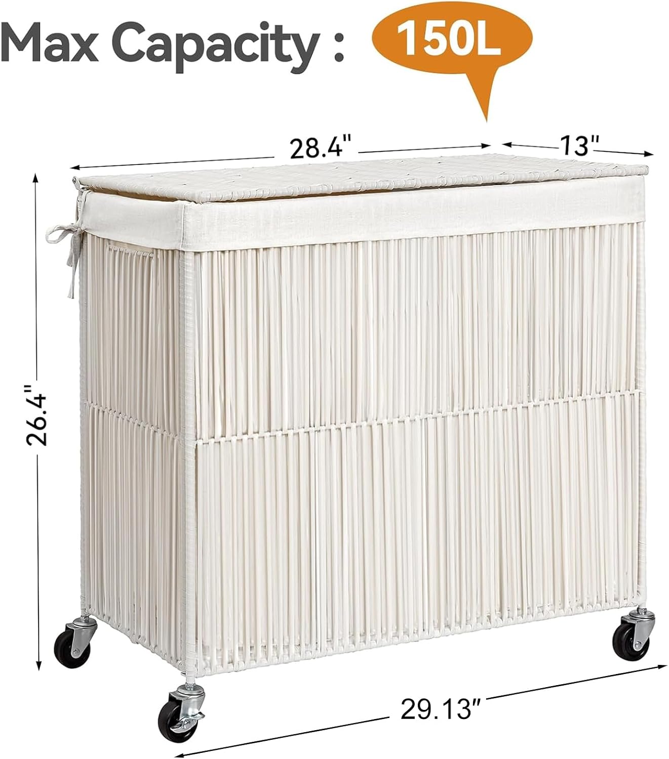 WOWLIVE Laundry Hamper with Wheels, 160L Handwoven Rolling Laundry Basket 3 Section with Lid, Clothes Hamper with Removable Liner Bags, Large Capacity Laundry Sorter Laundry Room Organization, Natural