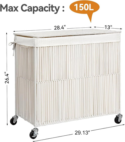 WOWLIVE Laundry Hamper with Wheels, 160L Handwoven Rolling Laundry Basket 3 Section with Lid, Clothes Hamper with Removable Liner Bags, Large Capacity Laundry Sorter Laundry Room Organization, Natural