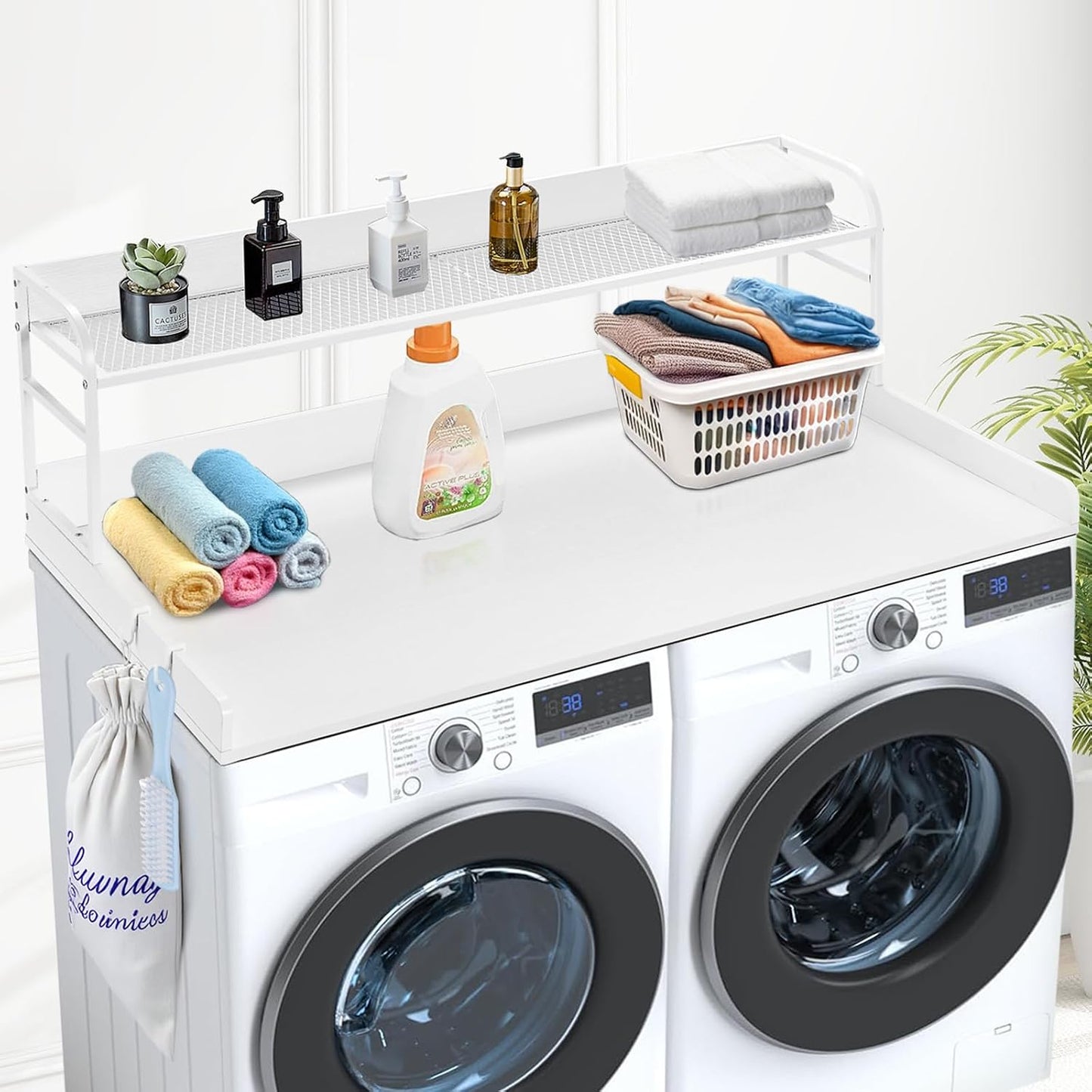 VEVOR Washer Dryer Countertop with 2-Tier Shelf, 54" x 27" Wooden Washer and Dryer Countertop with Anti-Slip Pads, Water-Resistant Laundry Topper Cover for Laundry Room Organization and Storage, Black
