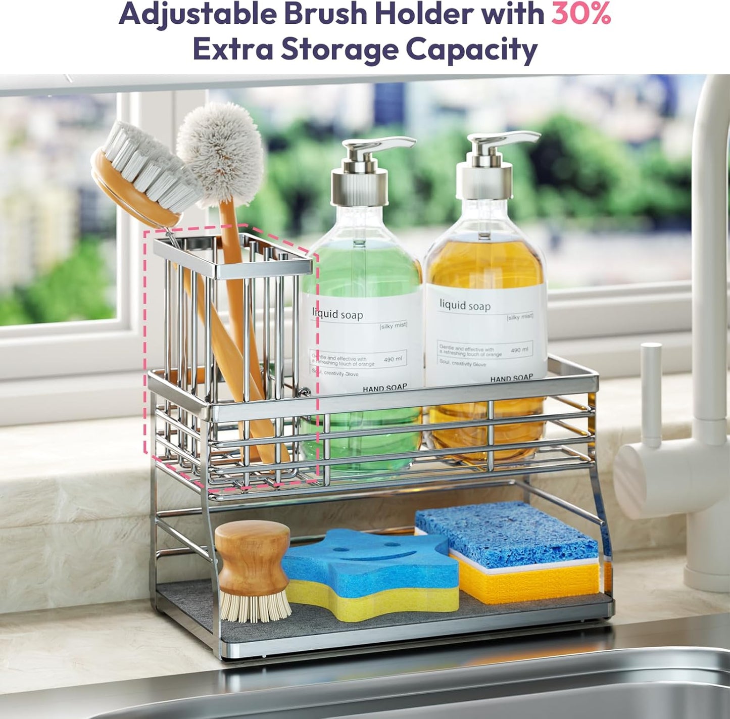 SWTYMIKI Sponge Holder for Kitchen Sink - Sink Caddy with Brush Holder and Stainless Steel Self Drain Tray, Sponge Caddy Organizer with Divider Kitchen Accessories Storage for Countertop, Black