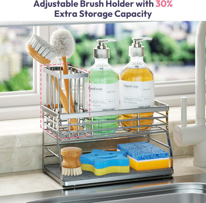 SWTYMIKI Sponge Holder for Kitchen Sink - Sink Caddy with Brush Holder and Stainless Steel Self Drain Tray, Sponge Caddy Organizer with Divider Kitchen Accessories Storage for Countertop, Black