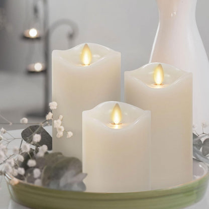 Matchless Candle Co. by Luminara Set of 3 Flameless LED Flickering Moving Flame Pillars (3" x 4.5", 5.5", 6.5"), Melted Unscented Real Wax Edge w/Smooth Finish, AA Battery Operated, Pearl Ivory
