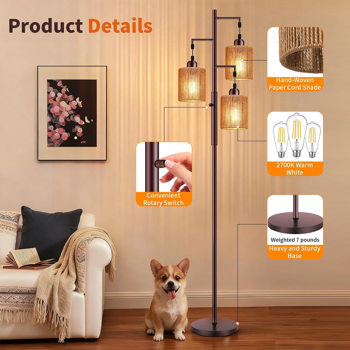 Hotsonic 72" Tall Boho Rattan Style Floor Lamp with Hand-Woven Paper Cord Shade, Dimmable Industrial Tree Standing Lamp for Living Room, Bedroom, Study Room, Office (3 x 800LM Bulbs Included) - Black
