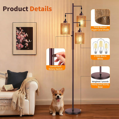 Hotsonic 72" Tall Boho Rattan Style Floor Lamp with Hand-Woven Paper Cord Shade, Dimmable Industrial Tree Standing Lamp for Living Room, Bedroom, Study Room, Office (3 x 800LM Bulbs Included) - Black
