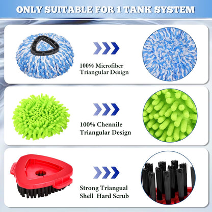 Spin Mop Head Refills Compatible with OCedar RinseClean 2-Tank System - 6-in-1 Kit Includes 4 Microfiber Replacement Heads, 1 Mop Base & 1 Scrub Brush - Machine Washable Floor Cleaning Set