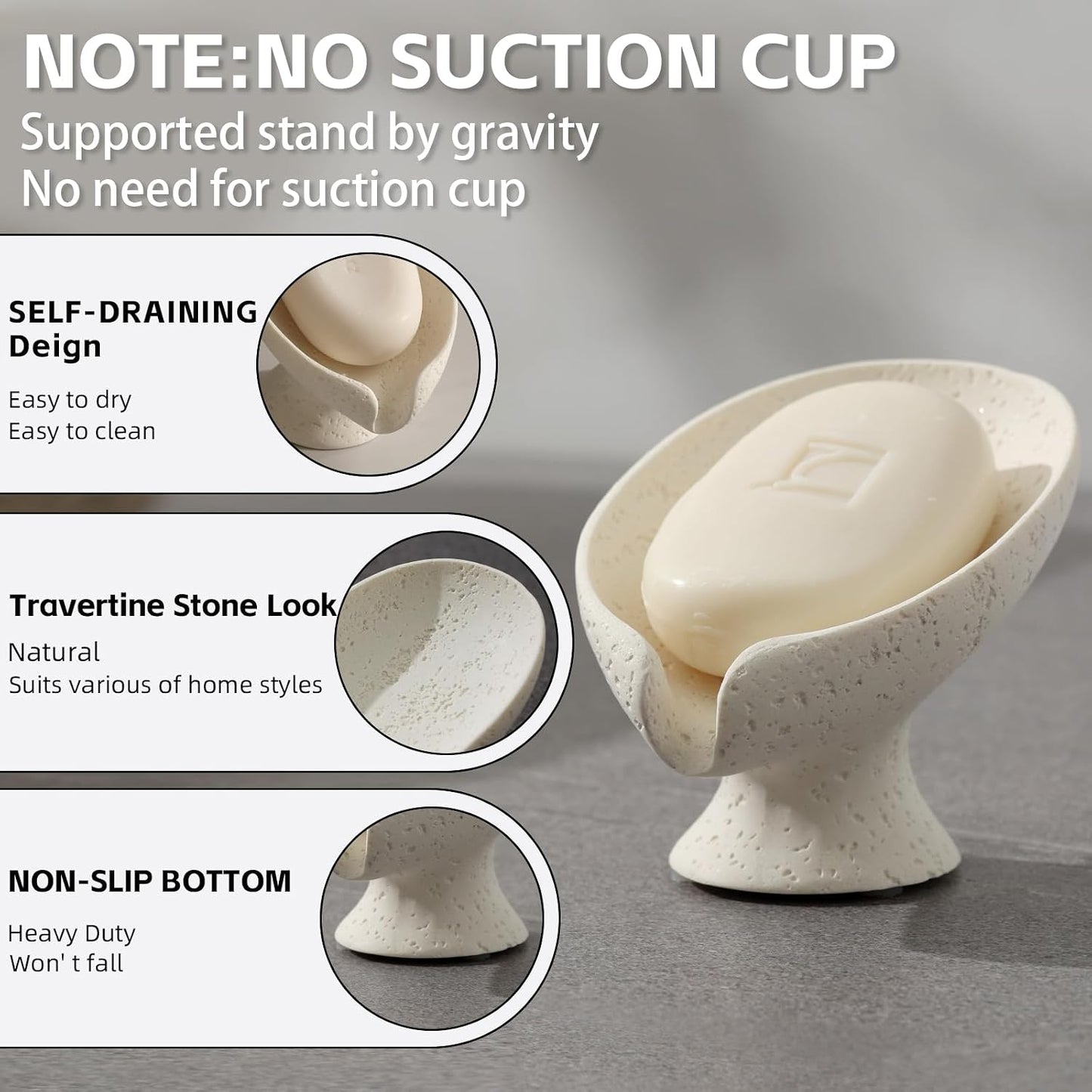 Soap Dish, Bar Soap Holder, Travertine Stone Look, Off White | Self Draining,Sponge Holders Tray for Shower,for Dispenser,Scrubber,Bottle,Cup on Bathroom Kitchen Bathtub Sink or Counter
