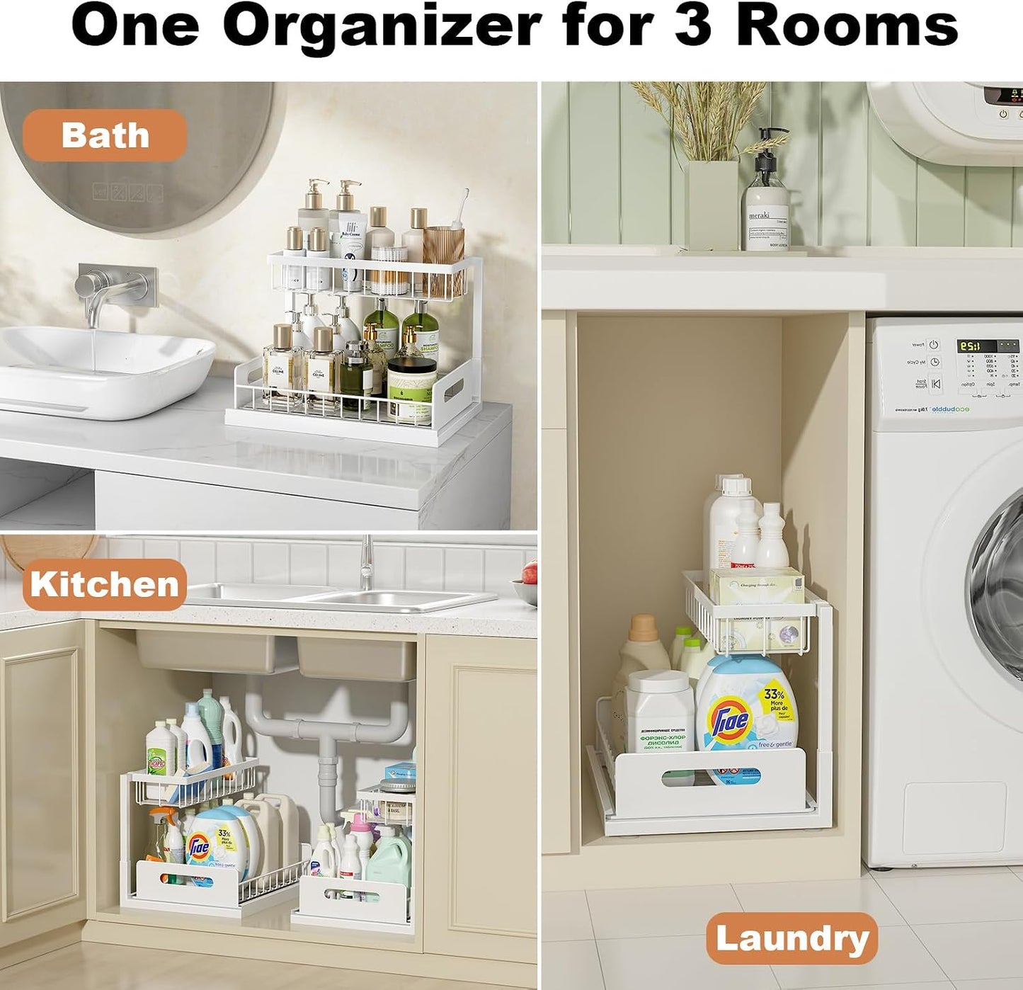 REALINN Under Sink Organizer, Pull Out Cabinet Organizer, 2 Tier Metal Slide Out Shelf with L Shaped Design for Kitchen, Bathroom, Laundry, and Utility Cabinet Storage for Deep Cabinets, White, 2 Pack