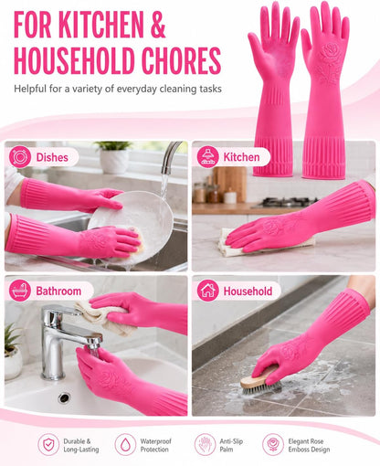 Disfore Rubber-Gloves Dishwashing Gloves for Cleaning-Kitchen - 2 Pairs Long Household Cleaning Gloves for Washing Dishes