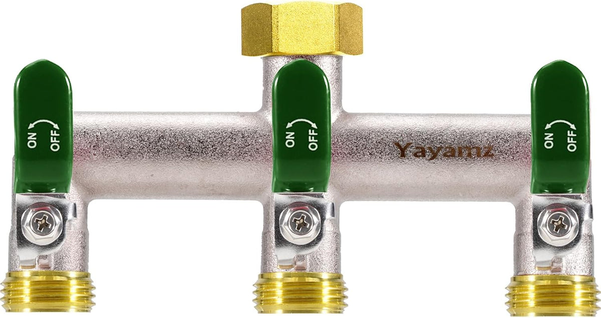 Garden Hose Splitter, 3/4” Rust and Freeze Resistant Outdoor Hose Manifold with 2 green Extra Long Handles Faucet Adapter-Heavy Duty Brass Nickel Plated 2-Way Valve