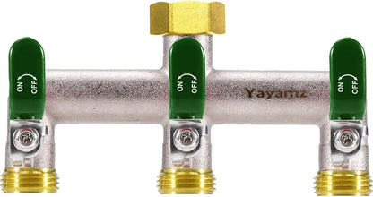 Garden Hose Splitter, 3/4” Rust and Freeze Resistant Outdoor Hose Manifold with 2 green Extra Long Handles Faucet Adapter-Heavy Duty Brass Nickel Plated 2-Way Valve