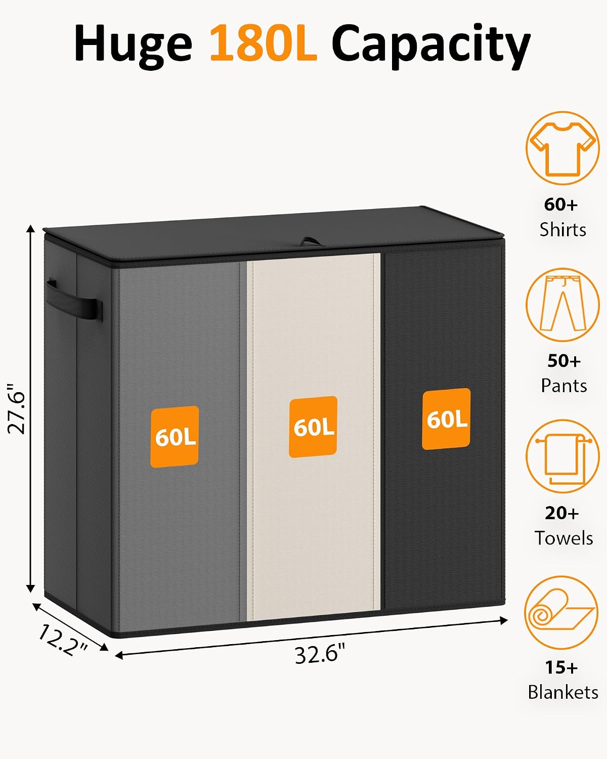 Optish 180L Laundry Hamper 3 Section, Large Laundry Hamper with Lid, Dirty Clothes Hampers with 3 Inner Bags, Laundry Basket Organizer for Laundry, Bedroom, Bathroom, Hamper 3 Compartment, Black