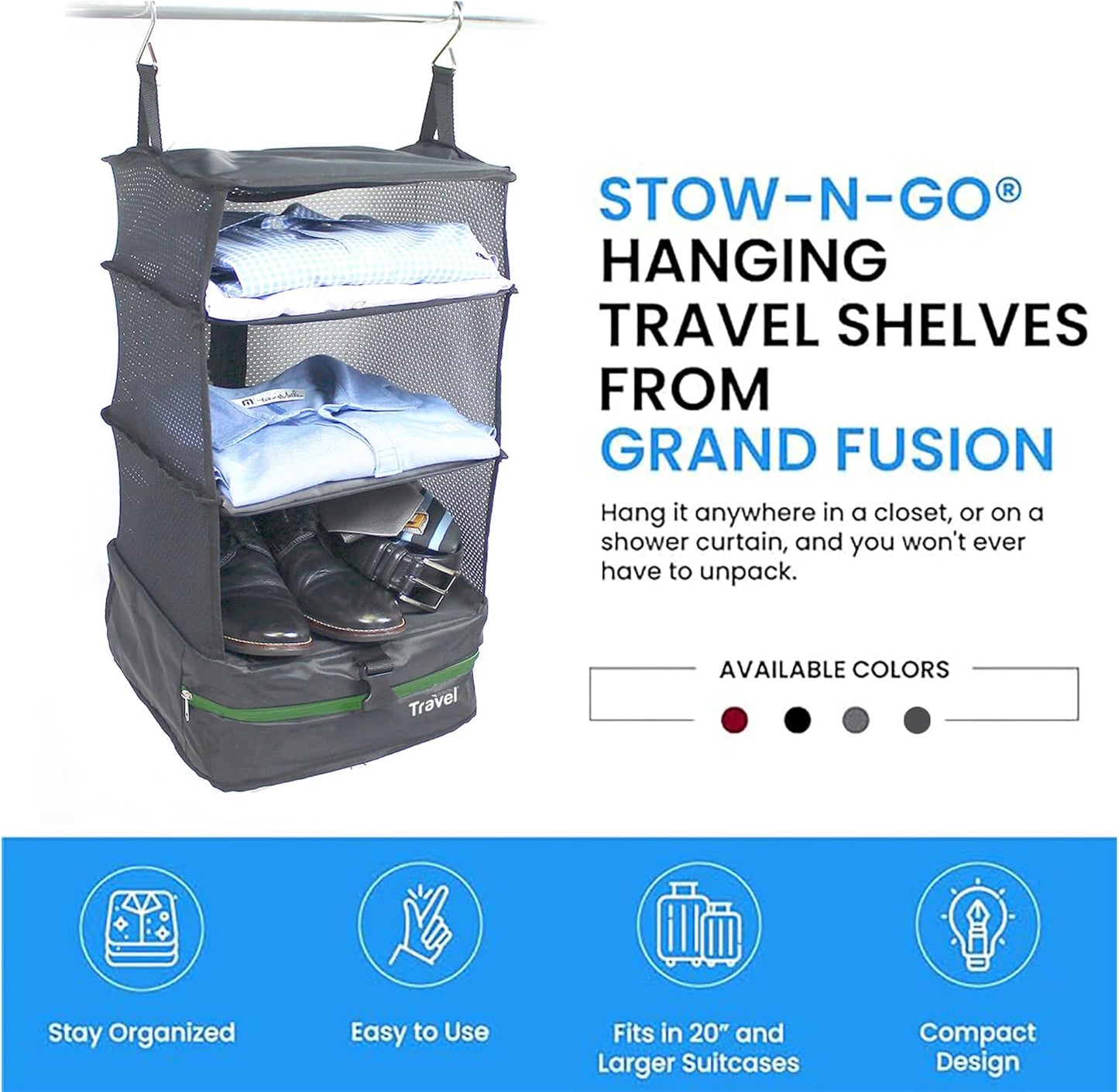 Grand Fusion Stow-N-Go Hanging Travel Shelves, Packing Organizer for Luggage. Carry on Closet for Suitcase. Expandable Packing Cube. Travel Essentials. (Black - L, L = (L) 11.8" x (W) 11.8")