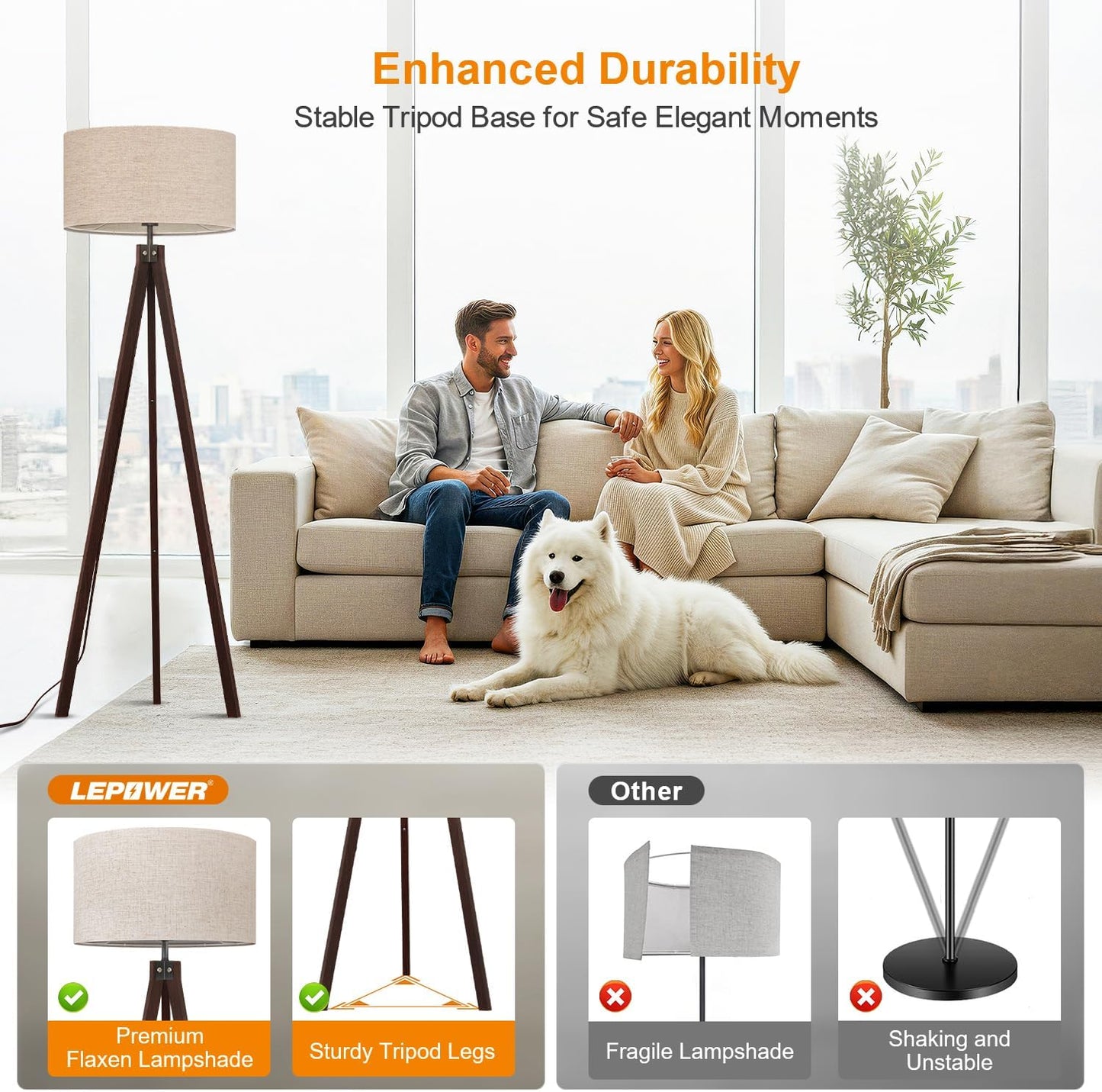 LEPOWER Tripod Floor Lamp Mid Century Modern Standing Lamps for Living Room | Light-Diffusing Linen Shade, Premium Rubberwood Tripod with E26 Base, Adding Warmth to Bedroom, Office & Study Corner Brown