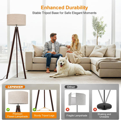 LEPOWER Tripod Floor Lamp Mid Century Modern Standing Lamps for Living Room | Light-Diffusing Linen Shade, Premium Rubberwood Tripod with E26 Base, Adding Warmth to Bedroom, Office & Study Corner Brown