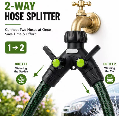 Garden Hose Splitter 2 Way Heavy Duty with Shut Off Valves,3/4" GHT | Large Ball Valve Design Helps Reduce Water Pressure Loss During Dual Outlet Use, TPR-Coated Grip Surface