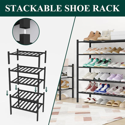 Smiry Bamboo Shoe Rack, 3 Tier Free Standing Wooden Shoe Organizer, Stackable Wood Shoe Storage Shelf for Closet, Entryway, 12 Vertical Slats, 2+1 Stack Standard Legs, 26.8"x11"x19.5", Natural