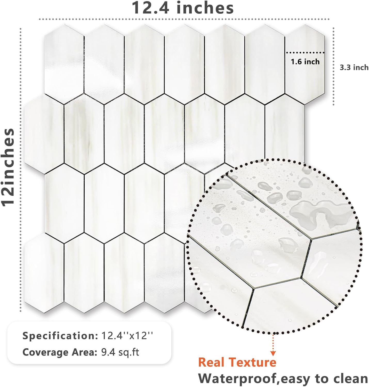 Vamos Tile Long Hexagon Peel and Stick Backsplash Tile - 10 Sheets Stick on Backsplash for Kitchen and Bathroom 12.4 x 12 Inch Glossy Wood Grain PVC Self Adhesive Mosaic Wall Tiles