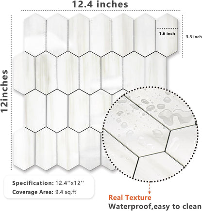 Vamos Tile Long Hexagon Peel and Stick Backsplash Tile - 10 Sheets Stick on Backsplash for Kitchen and Bathroom 12.4 x 12 Inch Glossy Wood Grain PVC Self Adhesive Mosaic Wall Tiles