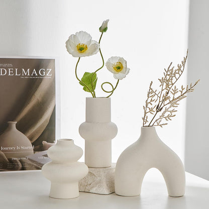 White Ceramic Vase Set of 3, Small Flower Vases for Pampas Grass, Modern Boho Vase for Decor, Round White Vases Centerpieces for Wedding Living Room Bedroom Coffee Table Dinner Table