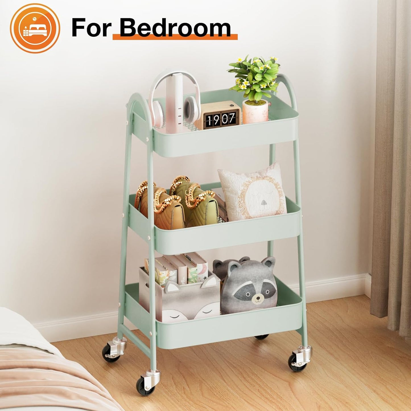 NEWBULIG 3-Tier Rolling Storage Cart, Metal Mobile Utility Organizer Shelf with Lockable Wheels, Space-Saving Freestanding Storage for Bathroom Living Room and Narrow Corner Spaces, Green