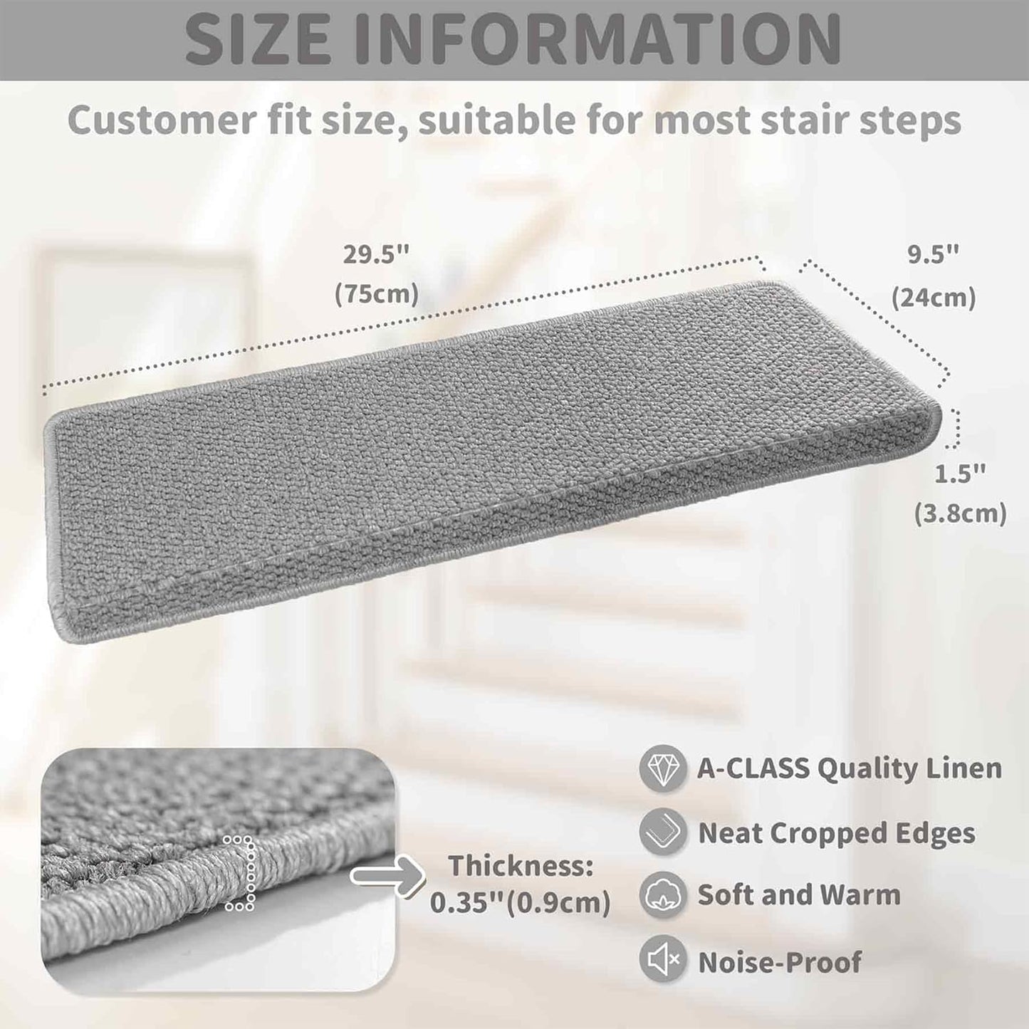 Brakki Bullnose Carpet Stair Treads, Non Slip Stair Treads for Wooden Steps Indoor, Stair Runner, Soft Stair Rugs, Edging Stair Protectors, Washable, 29.5"x9.5"x1.5" 14pcs, Beige