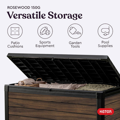Keter Signature Everwood 30 Gallon Resin Outdoor Storage Box and Patio Furniture Side Table for Pool and Garden Accessories, Walnut