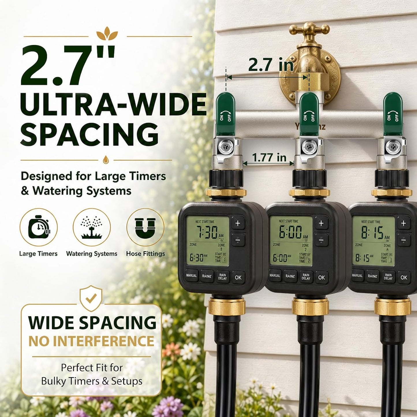 Garden Hose Splitter 3-Way, Heavy Duty Brass Hose Splitter | Outdoor Water Spigot Splitter, Full Flow, Long Handles, Shut-off Valves, Wide Spacing Fit Large Timer