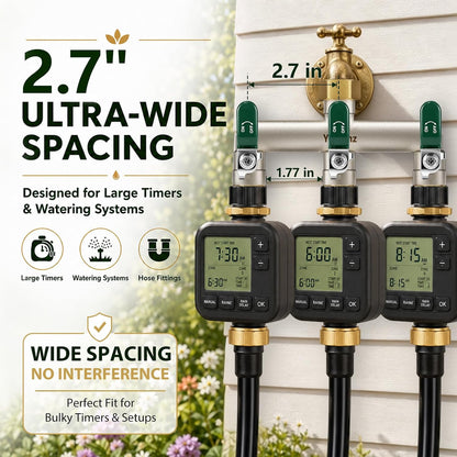 Garden Hose Splitter 3-Way, Heavy Duty Brass Hose Splitter | Outdoor Water Spigot Splitter, Full Flow, Long Handles, Shut-off Valves, Wide Spacing Fit Large Timer