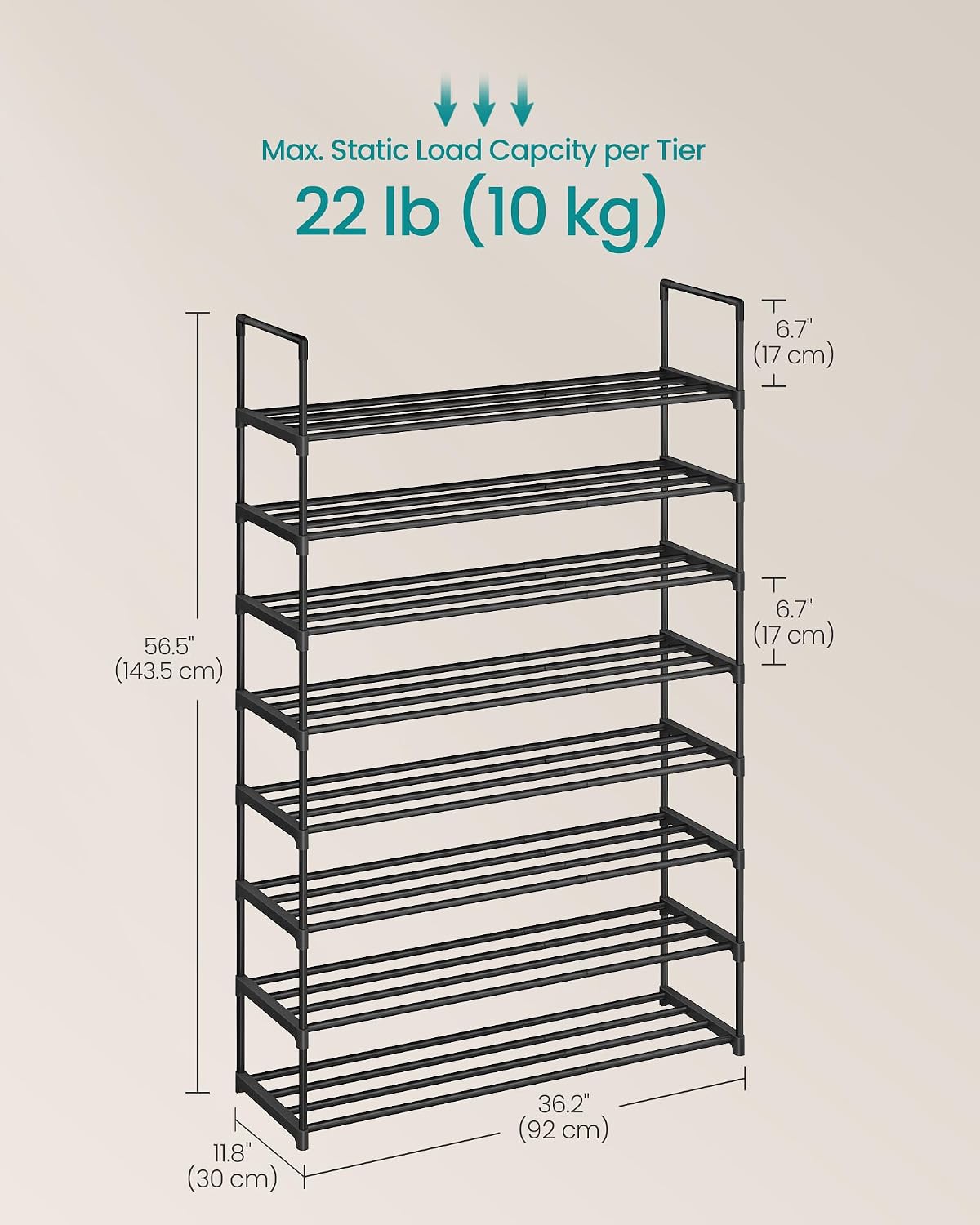SONGMICS Shoe Rack, 6-Tier Shoe Organizer, Metal Storage Shelf, Upright or Upside Down, for 24-30 Pairs, Stackable, for Entryway, 11.8 x 36.2 x 42.7 Inches, Black ULSA306BH01