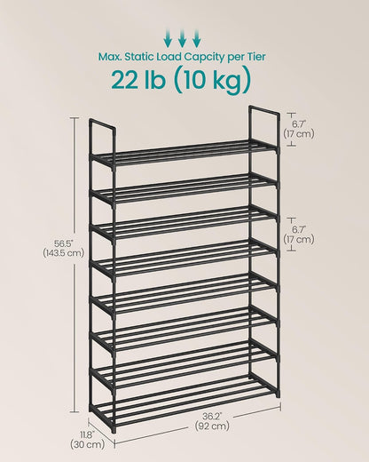 SONGMICS Shoe Rack, 6-Tier Shoe Organizer, Metal Storage Shelf, Upright or Upside Down, for 24-30 Pairs, Stackable, for Entryway, 11.8 x 36.2 x 42.7 Inches, Black ULSA306BH01