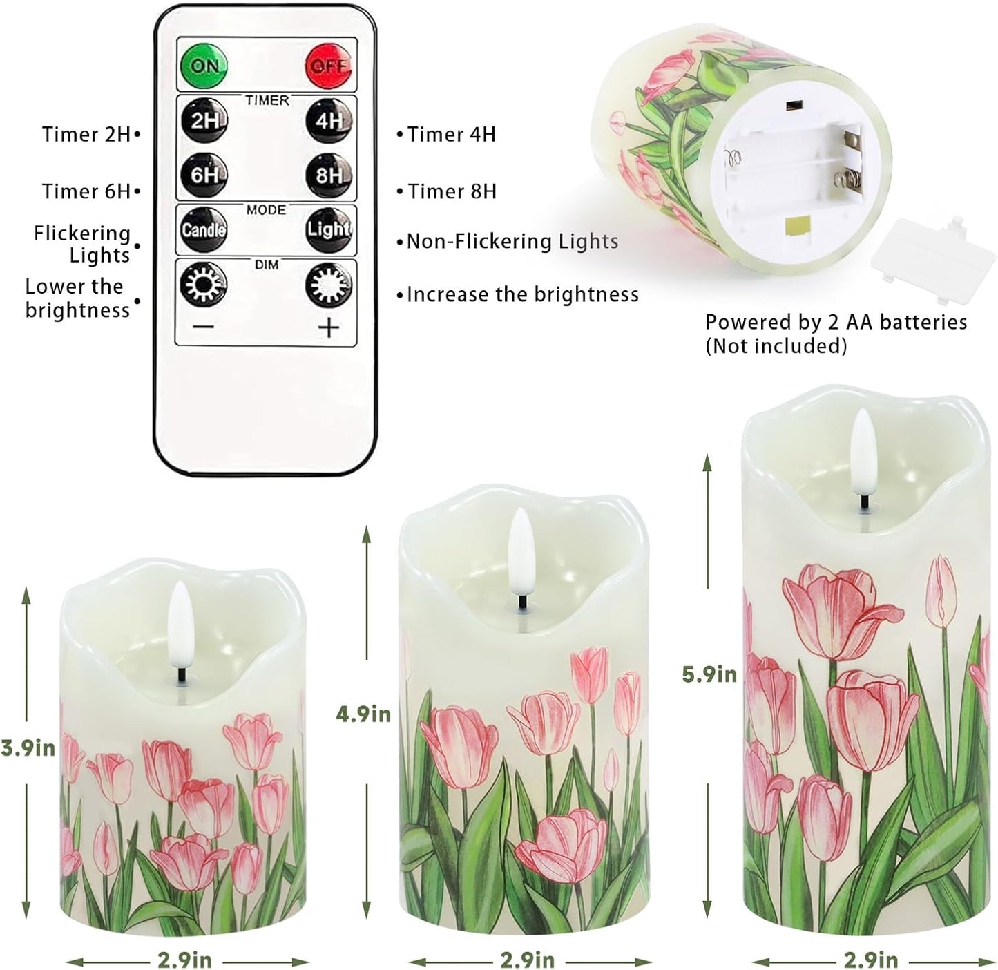 Flameless Candles Lights, Set of 3 Flickering LED Candles with Remote & Timer, Dimmable Electric Pillar Candles Battery Operated, Green Candles for Home St. Patrick’s Day Christmas Decor (Green)