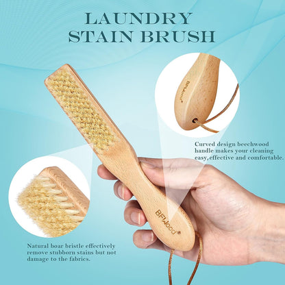 BFWood Laundry Stain Brush, Natural Soft Boar Bristle for Scrubbing Out Tough Stains on Delicate Fabrics, Knits, Cotton, Linens, No Damage