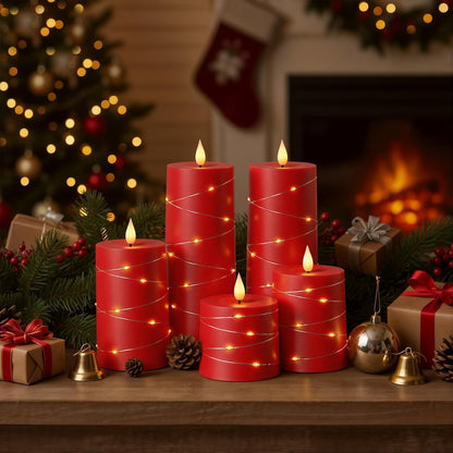 Raycare Flameless Candles with Remote Timer, Flickering Battery Operated LED Pillar Fake Candle with String Lights for Home Decor, Christmas, Wedding and Gift, White, Set of 3