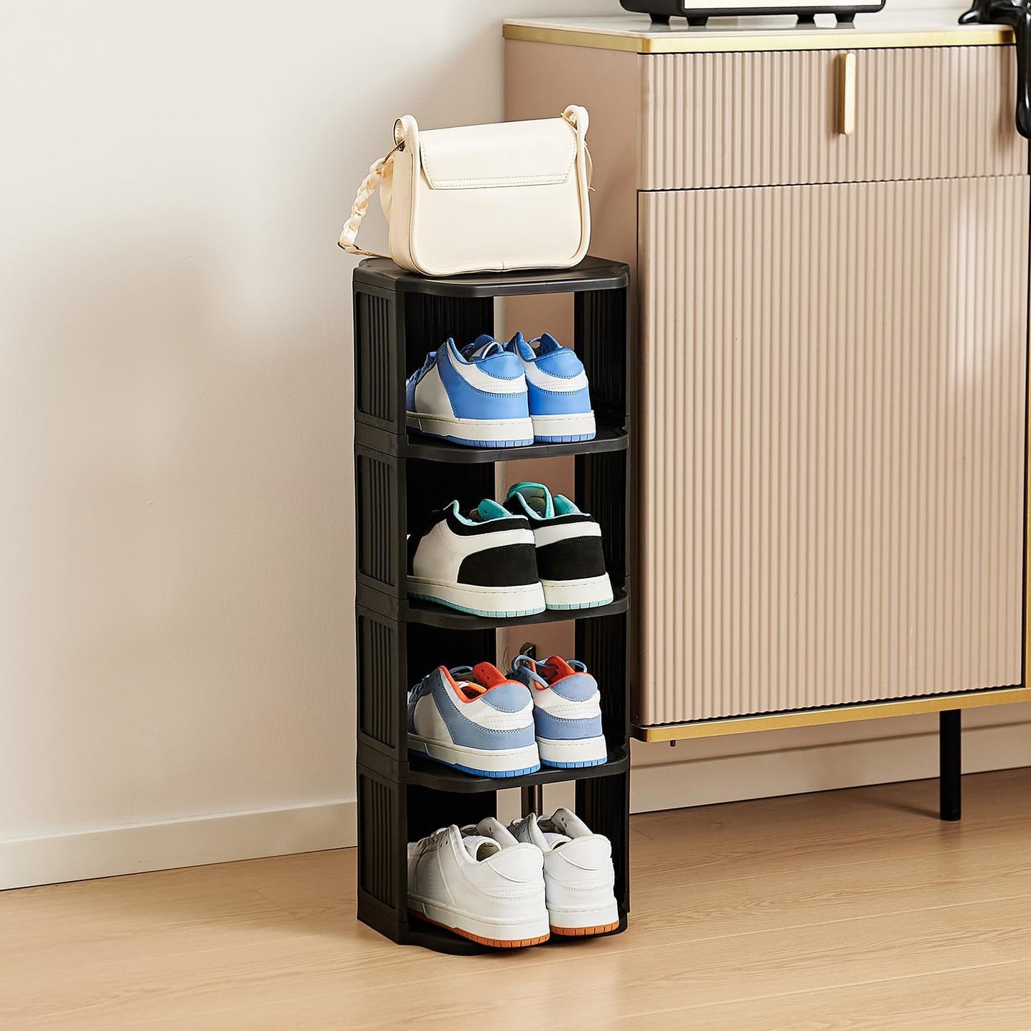 UFORU Small Shoe Rack, 5 Tier Plastic Vertical Shoe Rack for Small and Narrow Spaces, Free Standing Shoe Organizer for Closet, Entryway