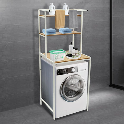 Washer and Dryer Shelves, Washer Dryer Countertop Rack 3 Tiers Laundry Room Storage Organizer Standing Shelf with Hanger Rod, Clothes Drying Rack Space Saving Organizers Shelf (White+Marble Plate)
