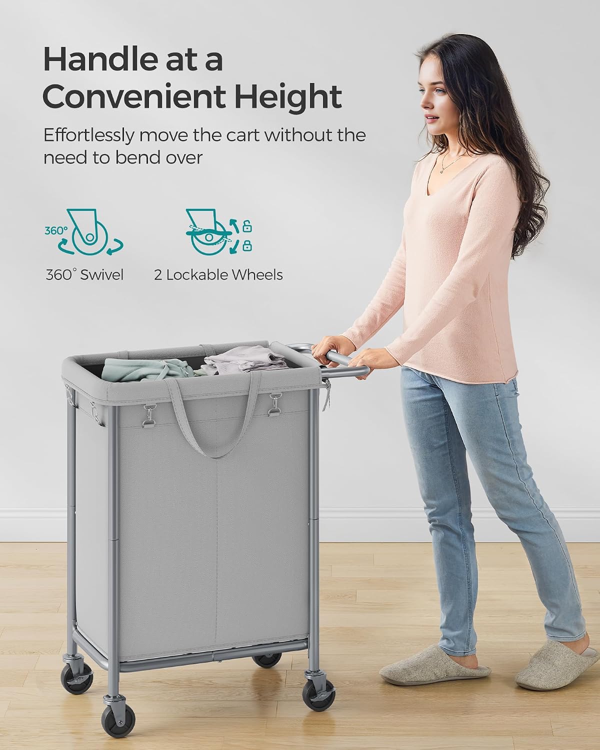 SONGMICS Laundry Basket with Wheels, 3-Section Rolling Laundry Hamper, 52.8 Gallons (200 L), Removable Liner, Steel Frame with Handle, 35.8 x 15.4 x 31.9 Inches, Cream White URLS005W01