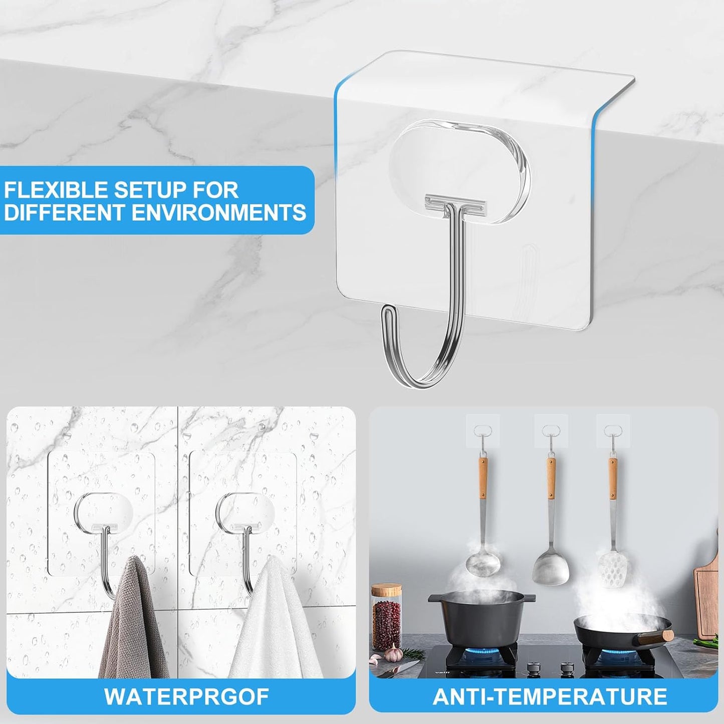 JINSHUNFA Adhesive Wall Hooks 13LB Heavy Duty No Drill Transparent Waterproof Hooks for Bathroom Kitchen Towel Coat 12 Pack