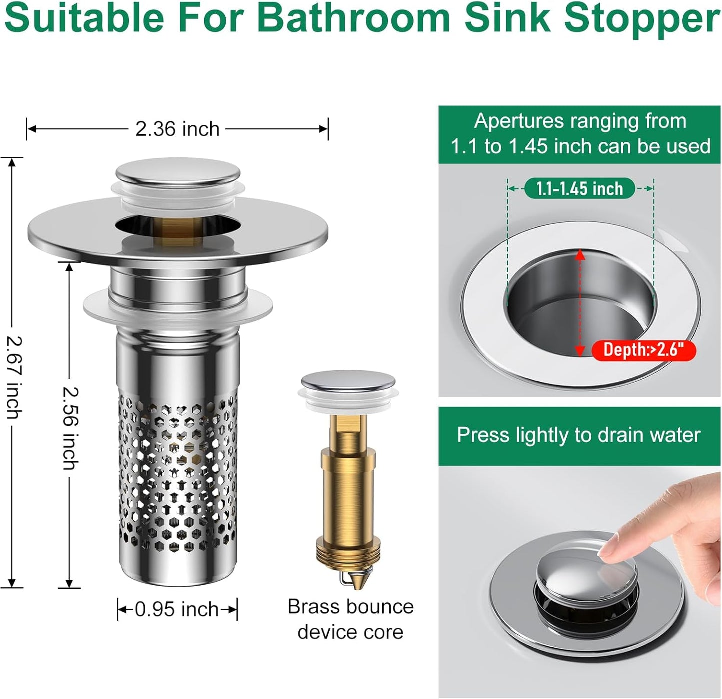Bathroom Sink Drain Strainer,Universal Pop-Up Sink Stopper Hair Catcher, Anti-Clog Stainless Steel Drain Filter Basket, Removable Sink Drain for Bathroom Sink Stopper