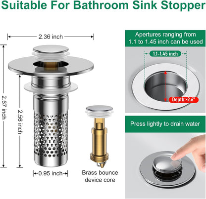Bathroom Sink Drain Strainer,Universal Pop-Up Sink Stopper Hair Catcher, Anti-Clog Stainless Steel Drain Filter Basket, Removable Sink Drain for Bathroom Sink Stopper